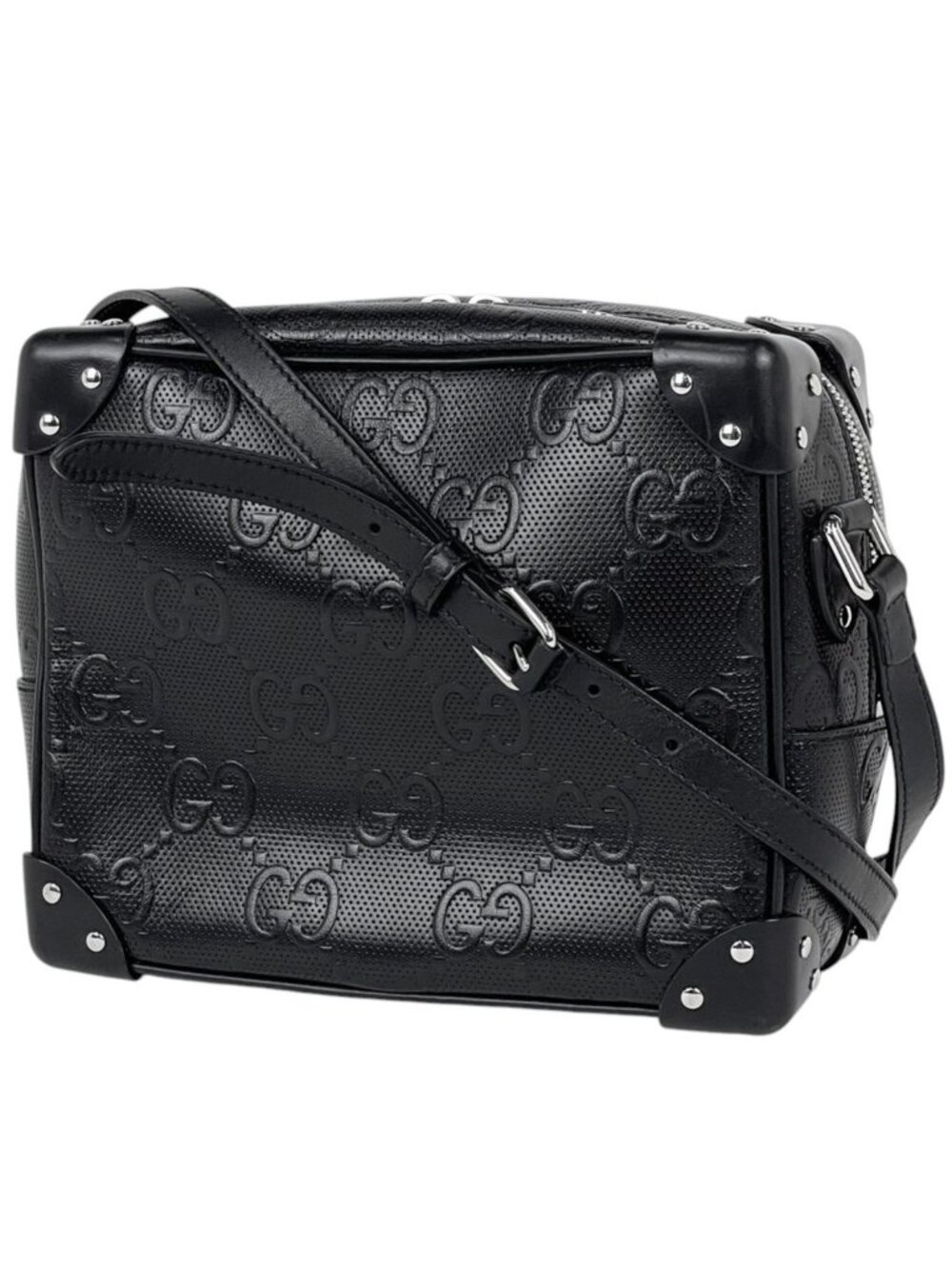 Gucci Shoulder Bag GG Embossed Trunk Leather Black